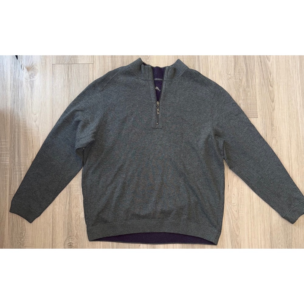 Tommy Bahama Mens Large Gray Purple 1/4 Zip Cotton Pullover Sweater Marlin Logo